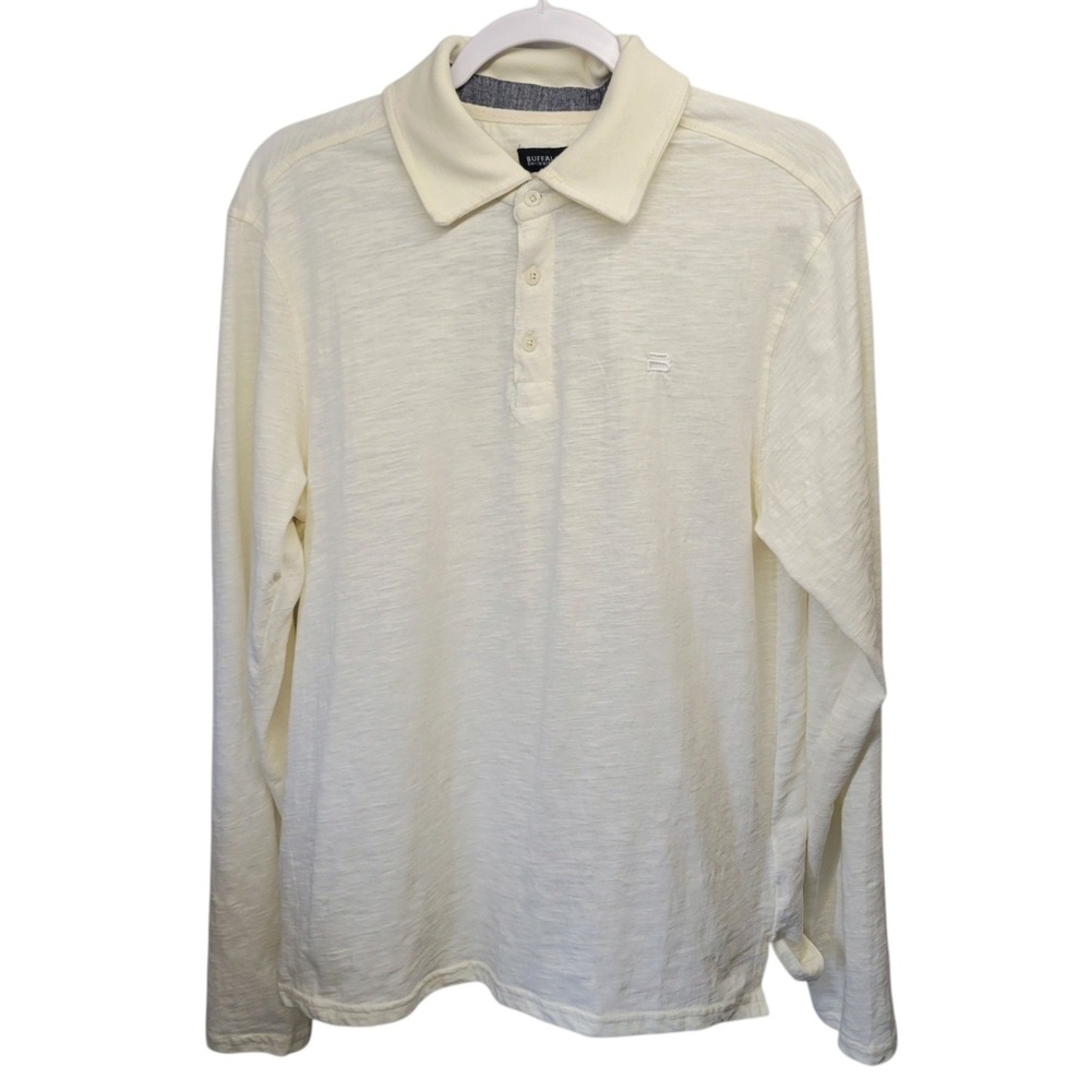 Buffalo David Bitton Mens Long Sleeve Polo Shirt Cream Light weight Large